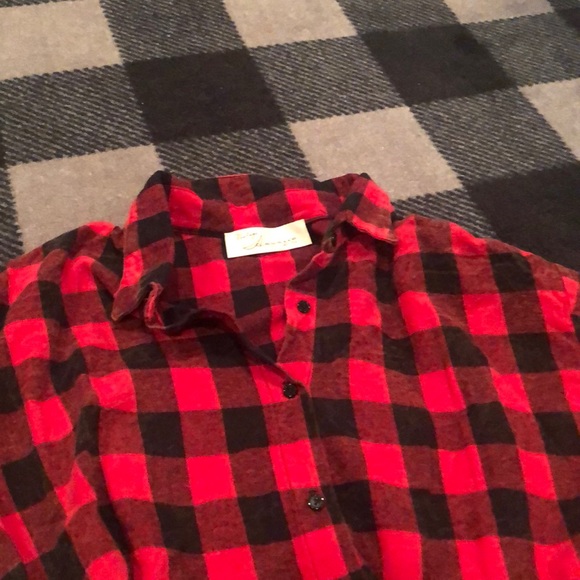 A red and black plaid button down flannel - Picture 4 of 4
